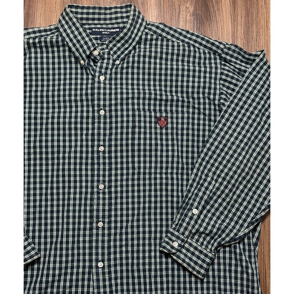 Vintage Ralph Lauren Golf Shirt Green/Blue Plaid Tilden Crest Button Up Sz 2XL
